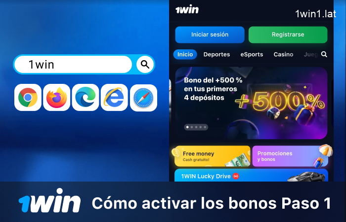 Vaya al sitio web oficial de 1win usando su navegador favorito, paso 1