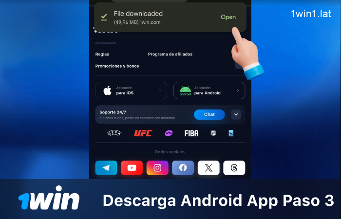 Espera a que se descargue el archivo APK de 1win, paso 3